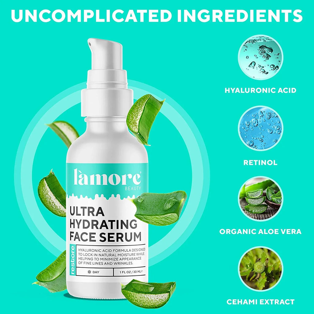 L'amore Beauty Ultra Hydrating Face Serum - Hyaluronic Acid Serum for Face - Resurfacing Retinol Serum for Face, Neck - Vitamin C Facial Moisturizer - Anti Aging Wrinkle Face Serum for Women, 1oz