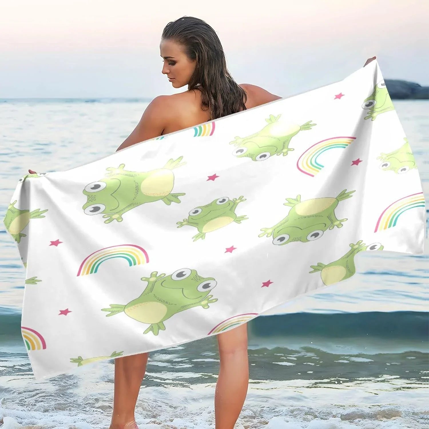 Bestwell Cartoon Frogs Beach Towel Oversized Towel Blanket, Thin Mass Microfiber Sand Free Quick Dry Towel, 31”X71” Multipurpose Pool Bath Yoga Swim Shower Towel