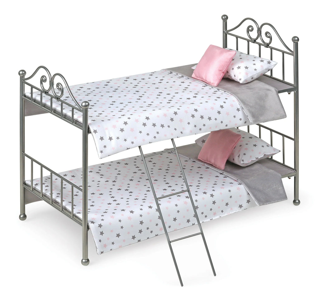 Badger Basket Scrollwork Metal Bunk Bed with Ladder, Bedding for 18 inch Dolls - Silver/Pink