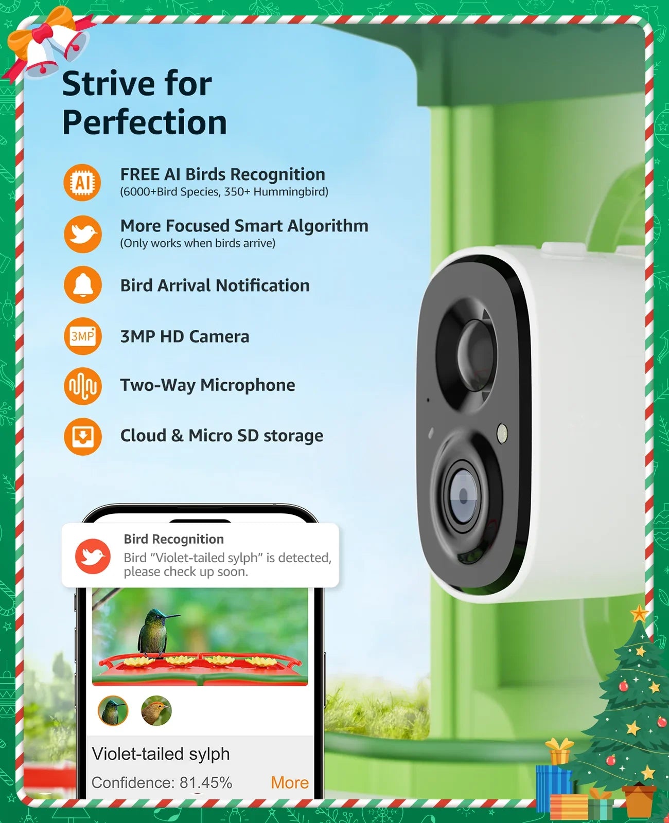 Bird Feeder with Camera, Hummingbird Camera 2 in 1 Feeders with AI Identify Bird Species, Auto Capture Unique Close-Ups of Birds with 3MP HD Camera, Ideal Gift for Anyone