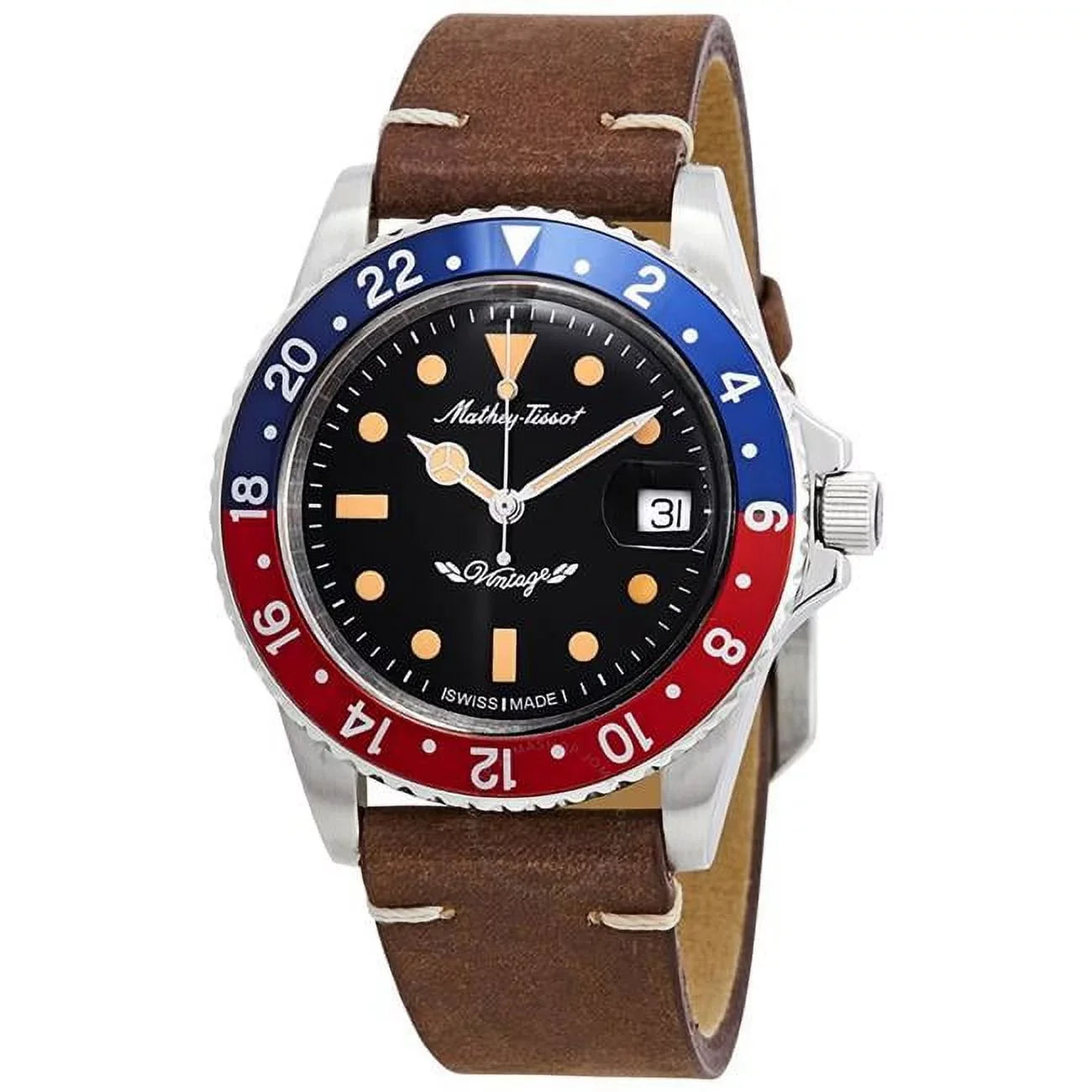 Vintage Leather Strap Dark Dial Automatic 100M Mens Watch, Ebony - Adult