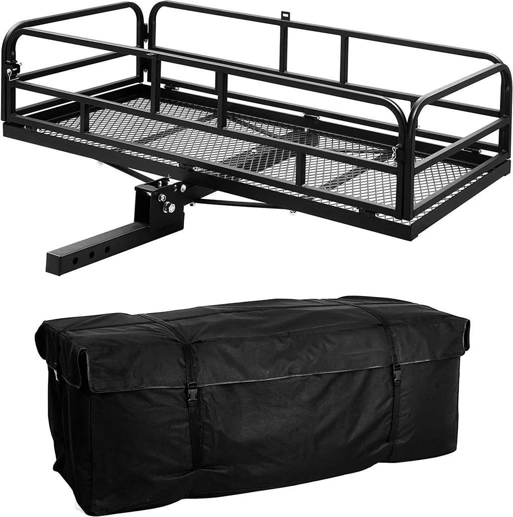 60 x 24 Inch Folding Cargo Rack Carrier with Waterproof Cargo Bag 500 Lbs Heavy Duty Capacity 2 Inch Receiver Luggage Basket Hitch Fold Up for SUV Pickup Camping Traveling