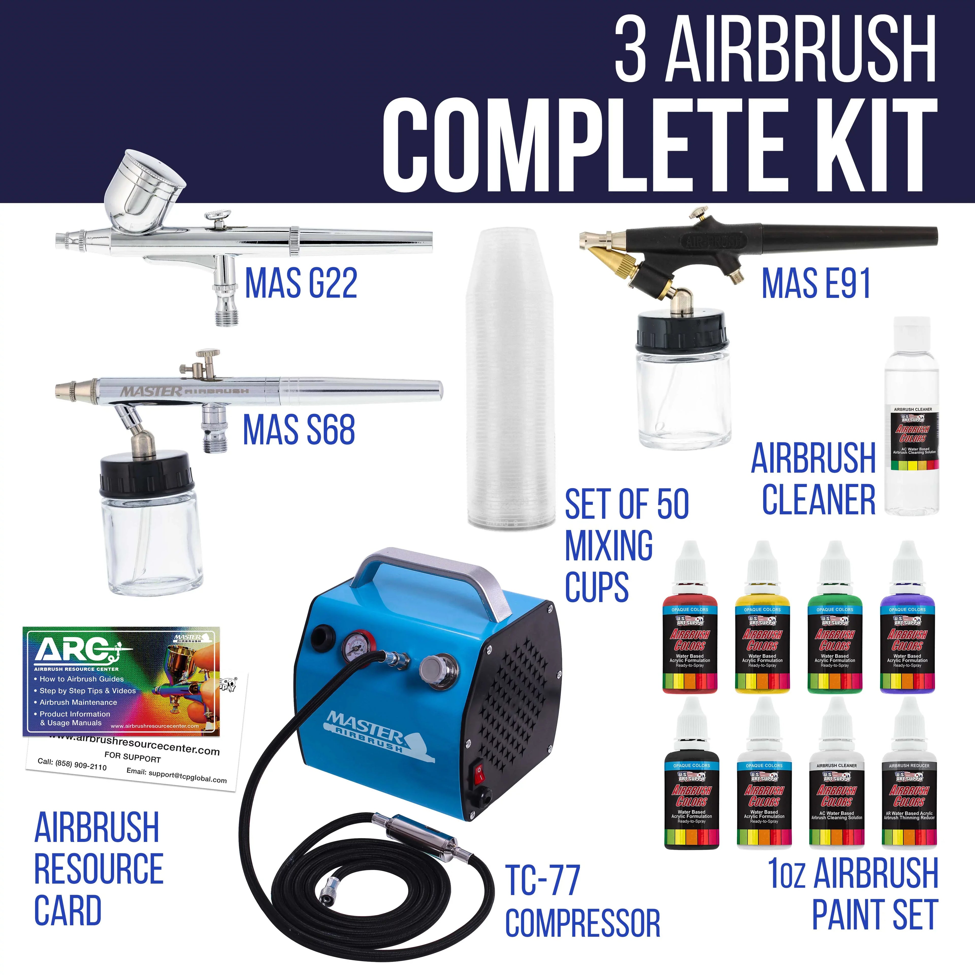 Pro Airbrush System w/ 3 Airbrushes Deluxe Air Compressor & 6 Paint Colors