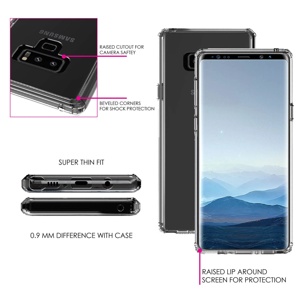 DistinctInk Clear Shockproof Hybrid Case for Galaxy Note 9 - TPU Bumper Acrylic Back Tempered Glass Screen Protector - Pink Ribbon Cancer - Faith Over Fear
