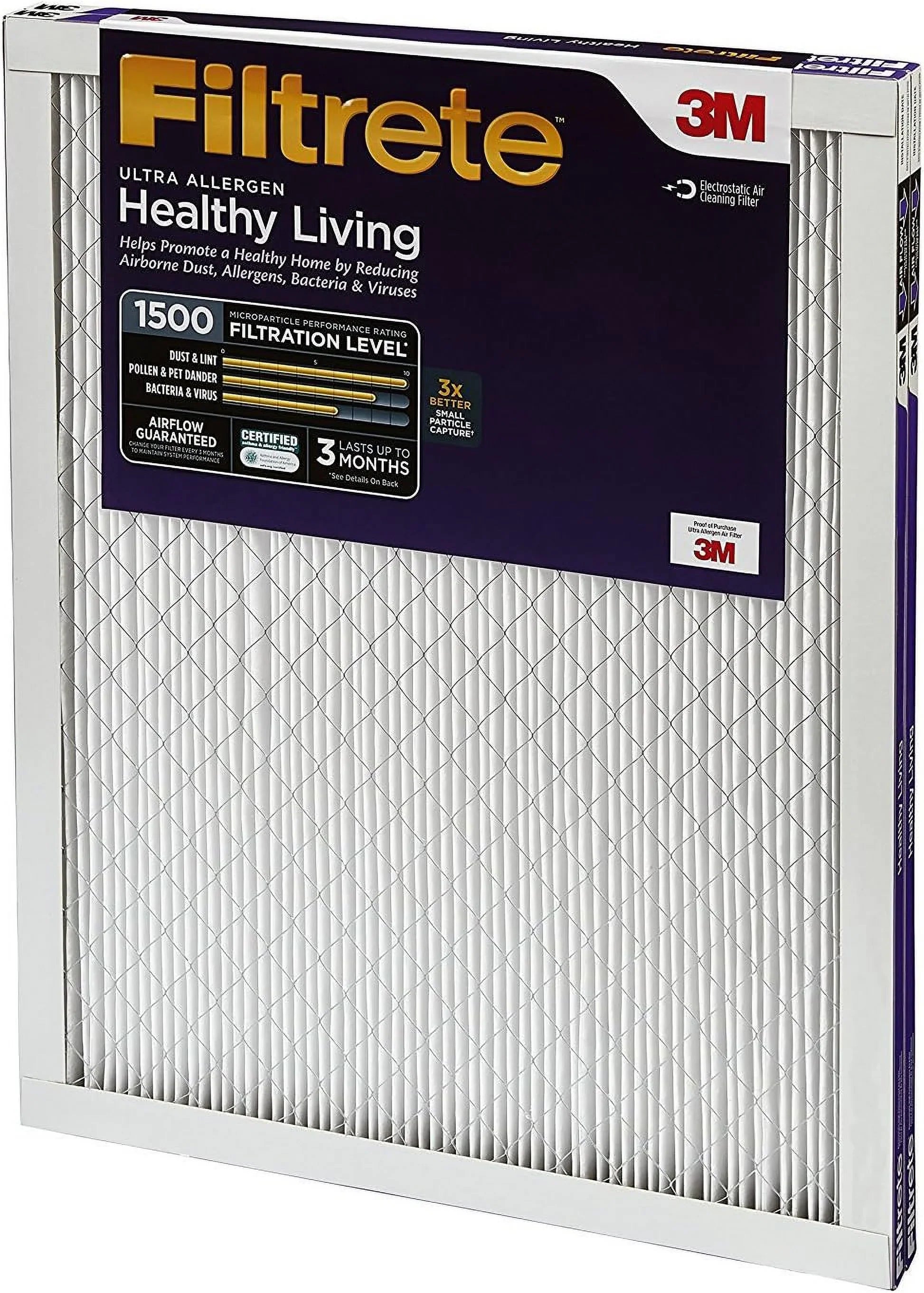 Filtrete 16x24x1 Air Filter, MPR 1500, MERV 12, Healthy Living Ultra-Allergen 3-Month Pleated 1-Inch Air Filters, 2 Filters