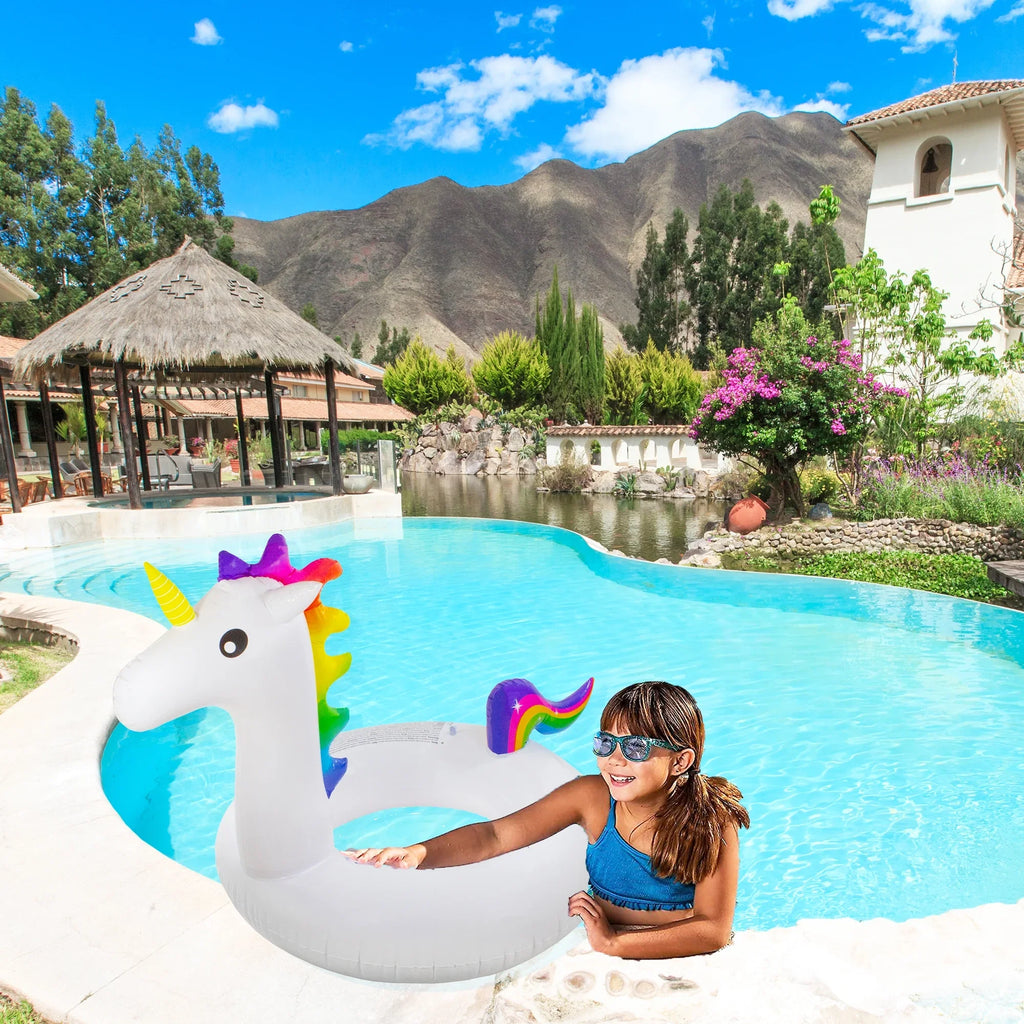 Pool Central 58" Giant Inflatable 1-Person Rainbow Unicorn Pool Ring Float - White/Blue