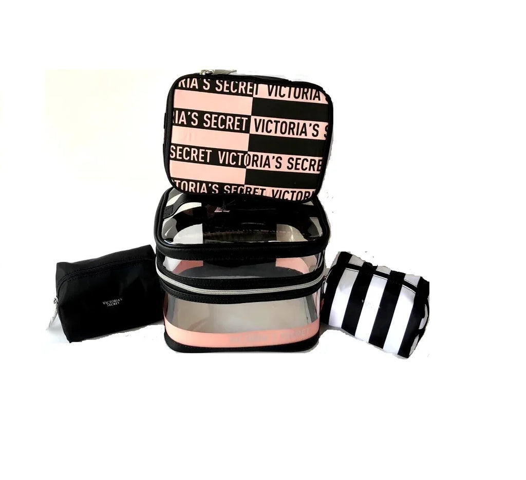 Victoria's Secret 4 in 1 Train Cosmetic Case Travel Tote Clear & Pink for Women 4 Piece Set New