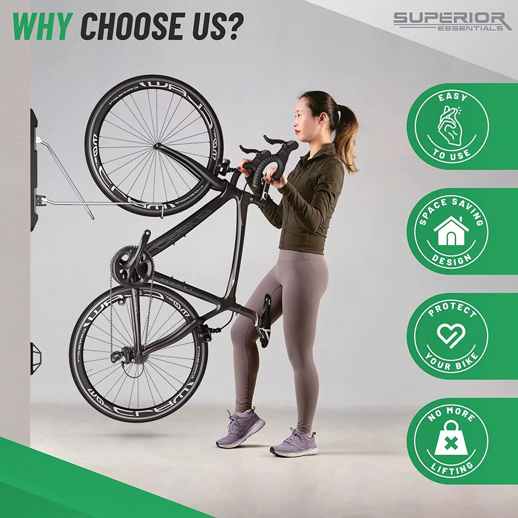 Superior Essentials Vertical Bike Rack - Easy to Hang and Detach, 180-Degree Swivel Swing, Foldable Bike Wall Mount - Maximize Your Garage Space with Our Top-Notch Bike Hangers for Garage Jet
