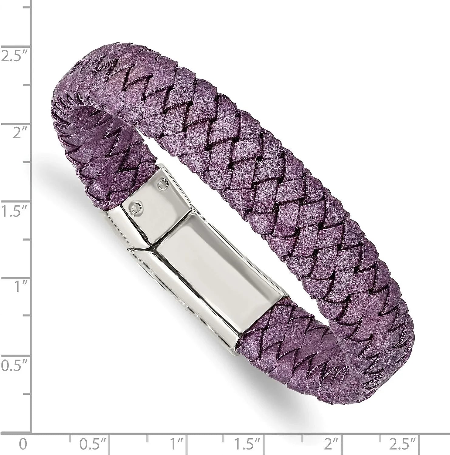 Chisel Stainless Steel Polished Metallic Purple Braided Leather Bracelet - 7.5"