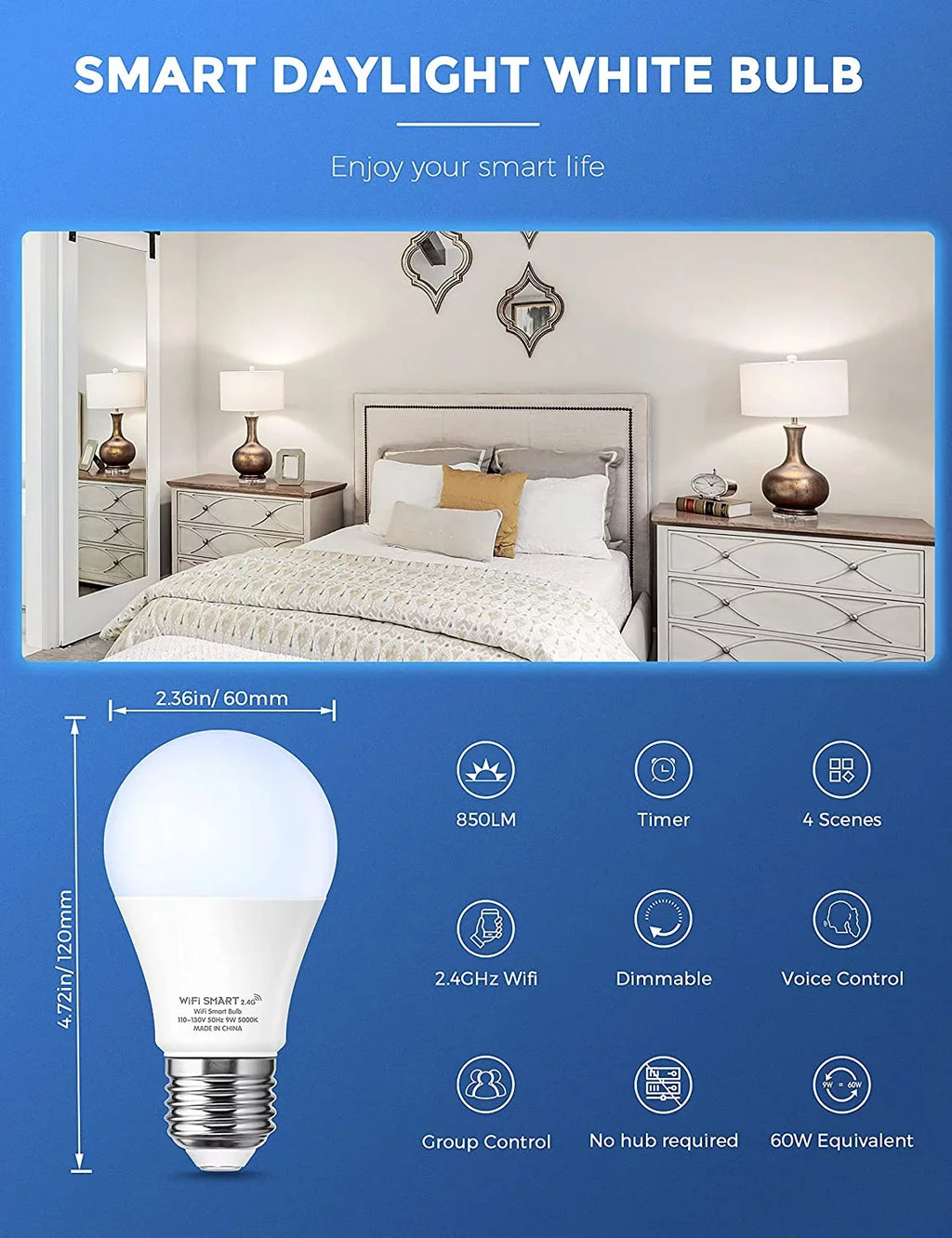 YANSUN A19 Smart Light Bulb Work with Alexa, Home & Siri,WiFi LED Bulb Daylight 5000K, 9W 60W, Dimmable, 850LM,4 Pack