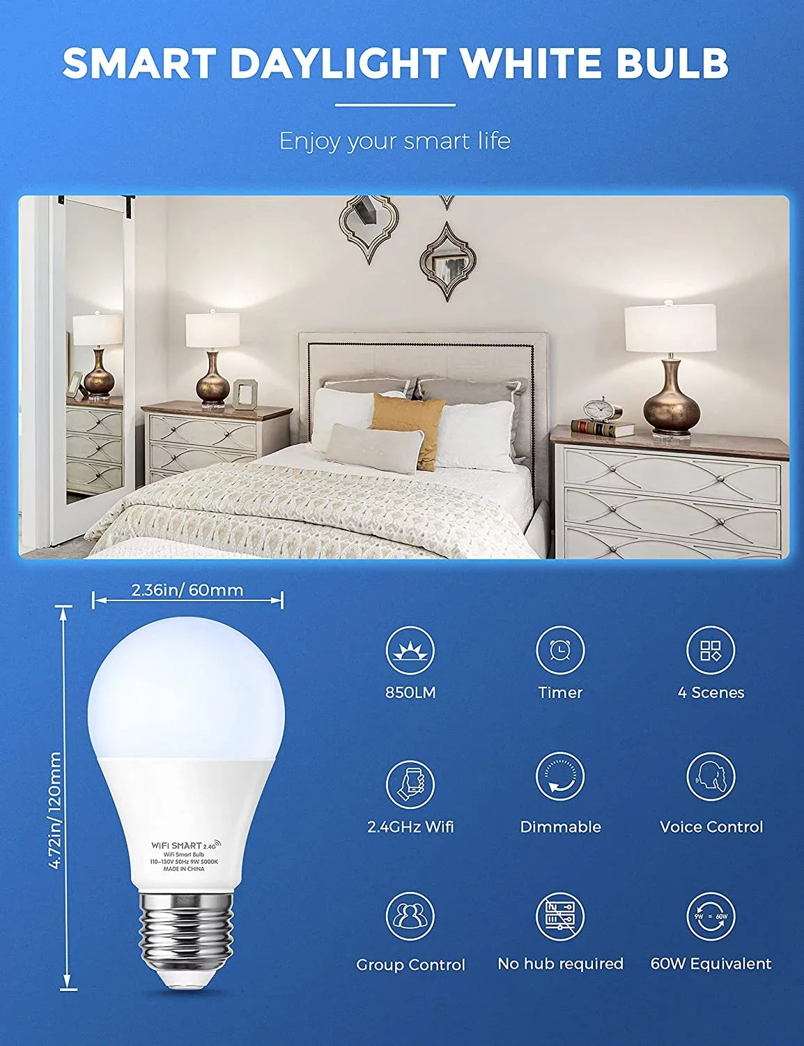 YANSUN A19 Smart Light Bulb Work with Alexa, Home & Siri,WiFi LED Bulb Daylight 5000K, 9W 60W, Dimmable, 850LM,4 Pack
