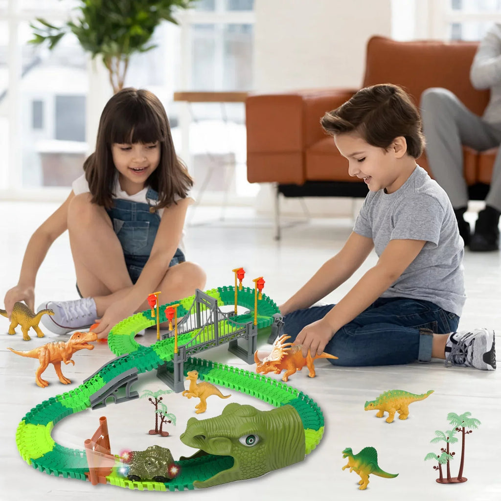 Beefunni Dinosaur Train Toys Road Race Track Set, Toddler Dinosaur World Toys Cars, Christmas Birthday Gifts for 2 3 4 5 6 7 8 Year Old Boys Girls