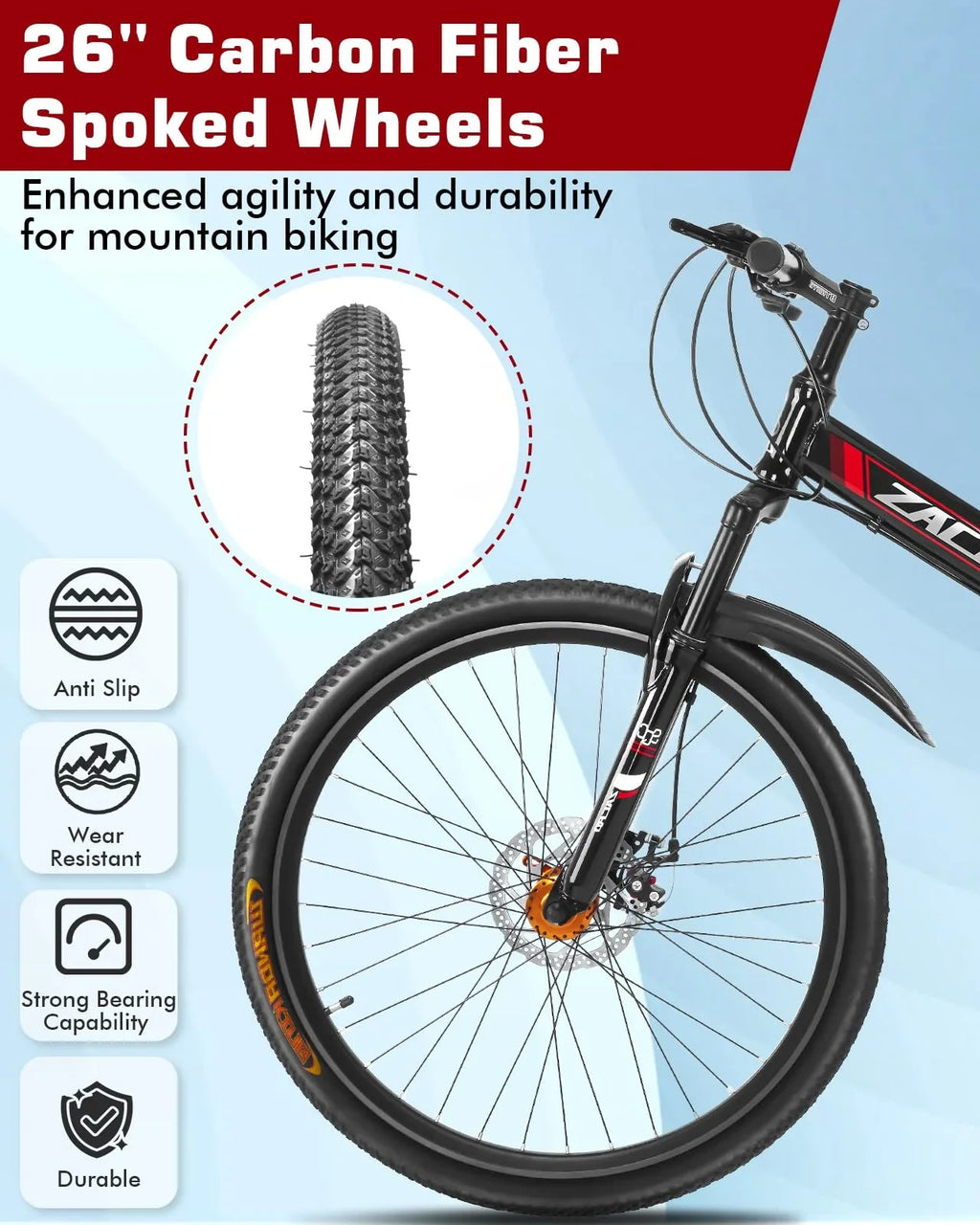 Zacro 26 Inch Folding Mountain Bike, Upgraded 24 Speed/Carbon Fiber Wheels MTB Bicycle, Shock Absorbers High-Carbon Steel & Dual Disc Brake City Road Bikes, Red