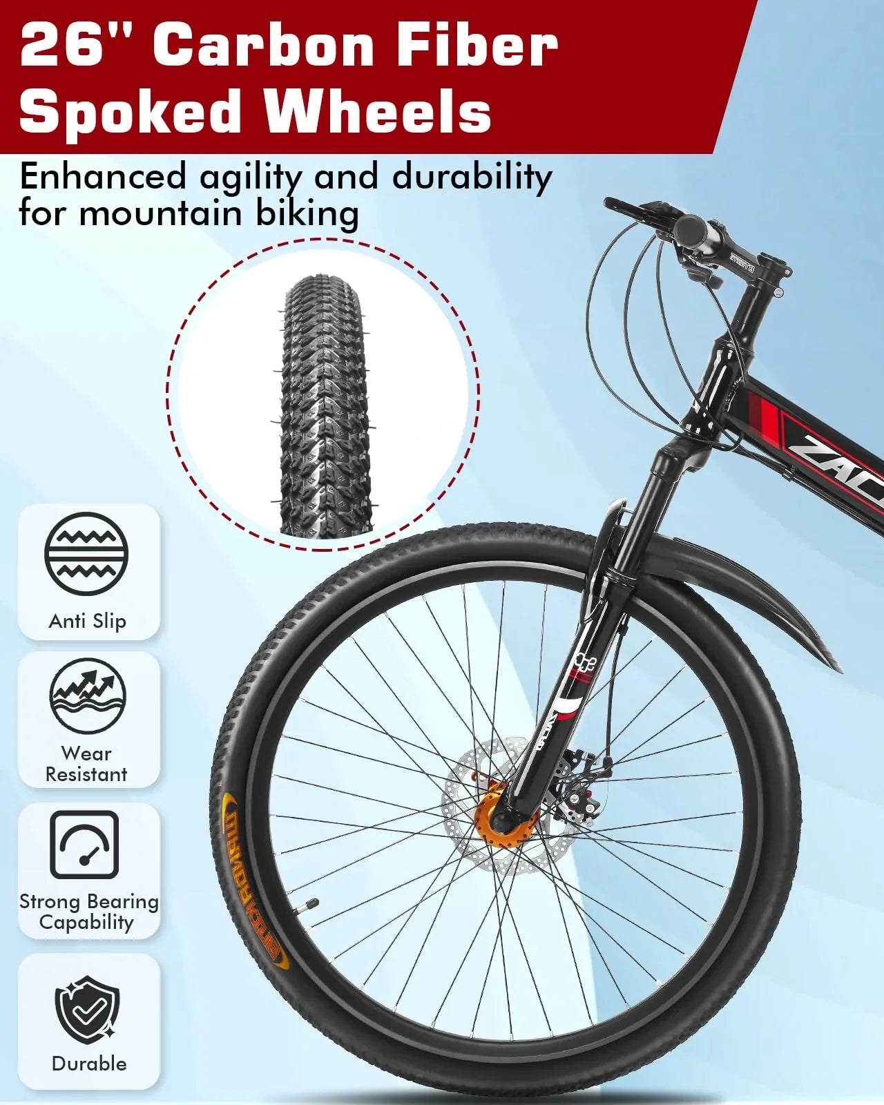 Zacro 26 Inch Folding Mountain Bike, Upgraded 24 Speed/Carbon Fiber Wheels MTB Bicycle, Shock Absorbers High-Carbon Steel & Dual Disc Brake City Road Bikes, Red