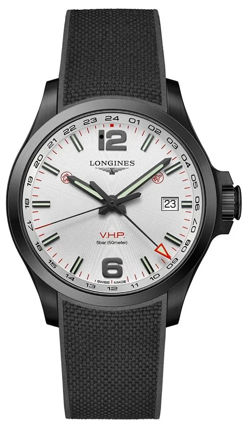 Longines Conquest V.H.P. GMT Jet PVD Jet Rubber Strap Silver Dial Perpetual Calendar Date Quartz Mens Watch L3.728.2.76.9
