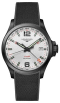Longines Conquest V.H.P. GMT Jet PVD Jet Rubber Strap Silver Dial Perpetual Calendar Date Quartz Mens Watch L3.728.2.76.9