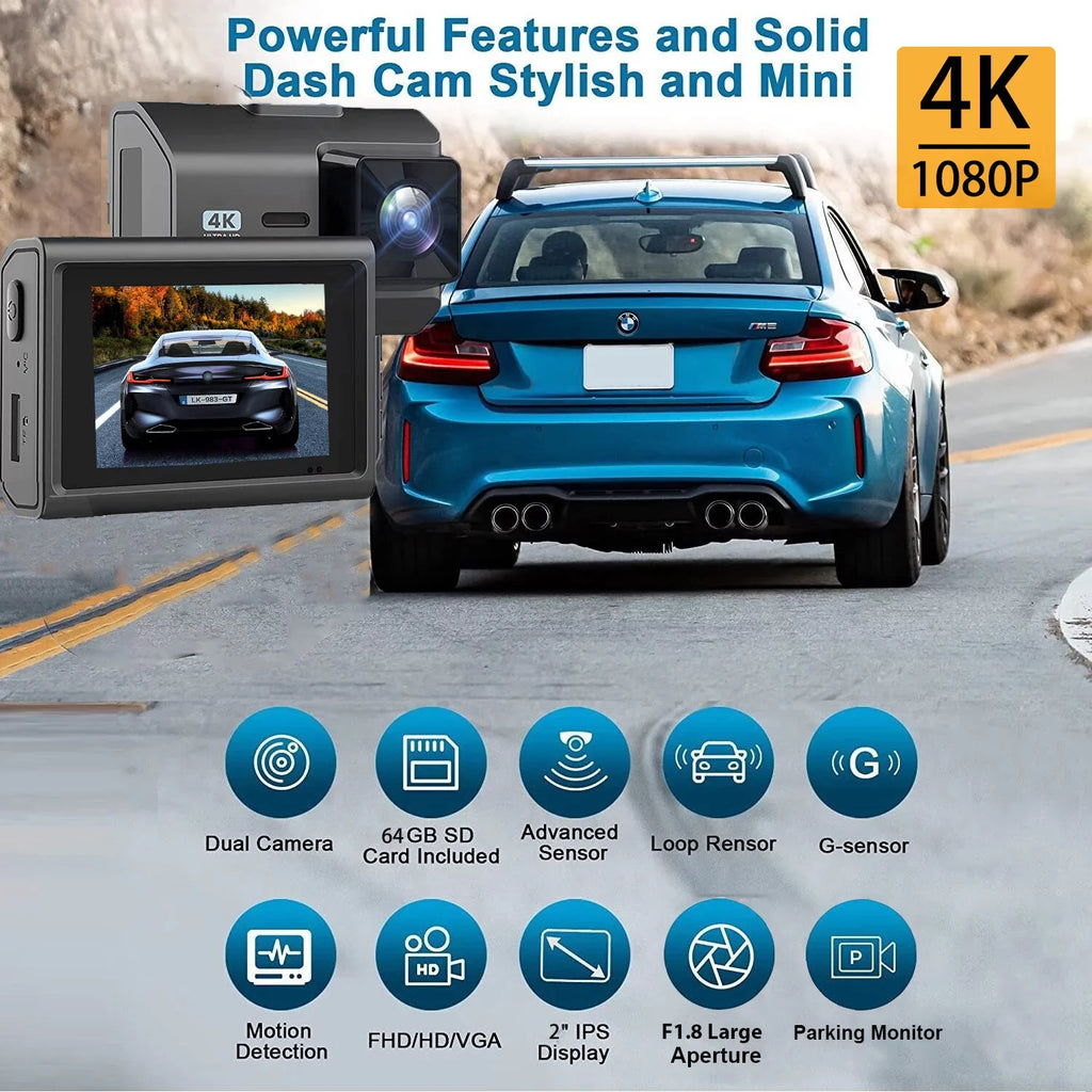 4K Front and Rear Dash Cam for Cars, Dual Dash Cam with SD Card, 2 Inch Dash Camera with GPS WIFI, Night Vision, Loop Recording, Parking Mode, Wide Angle, 64GB SD Card Included