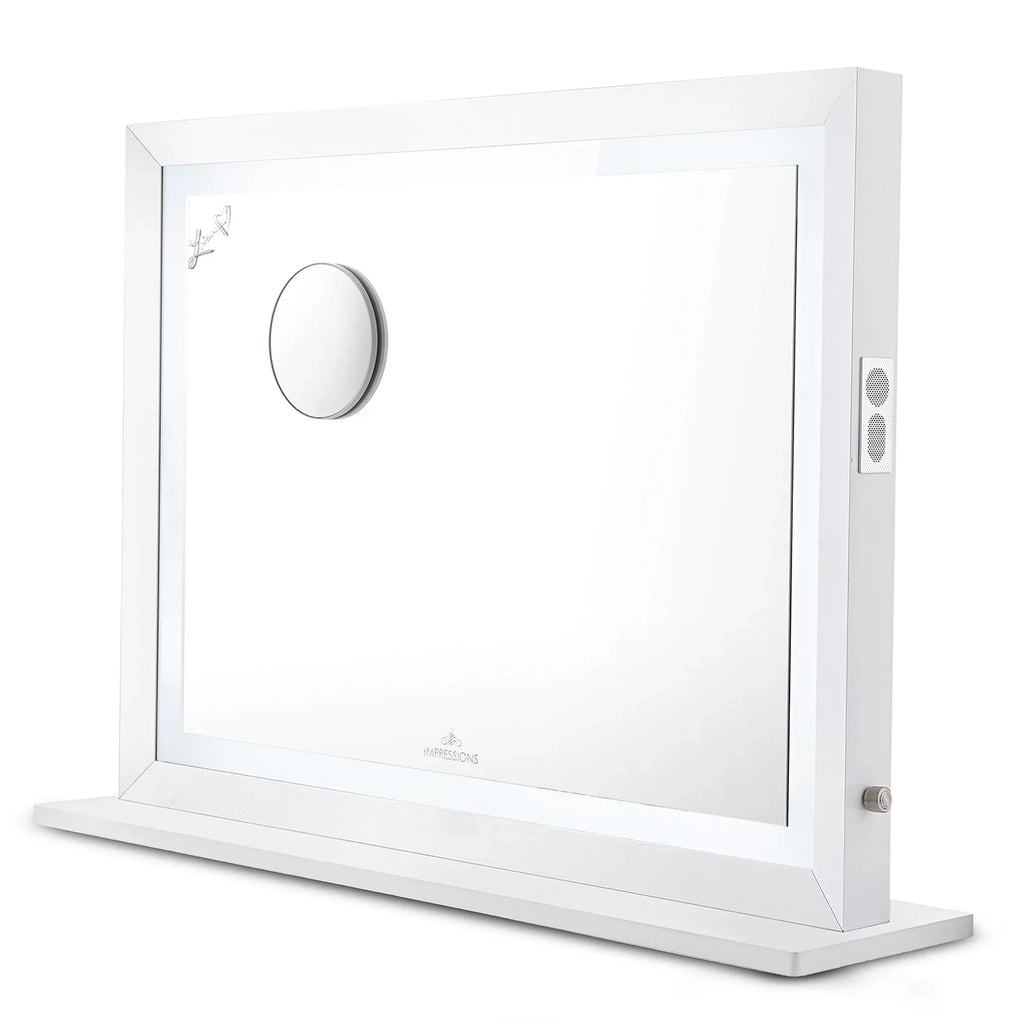 Impressions Vanity Makeup Mirror Liane V. Pro with Speakers and Dimmer Switch, Lighted Desk Mirror with Outer Metal Frame and 3X Magnified Mirror for Tabletop or Wall Mount (White)