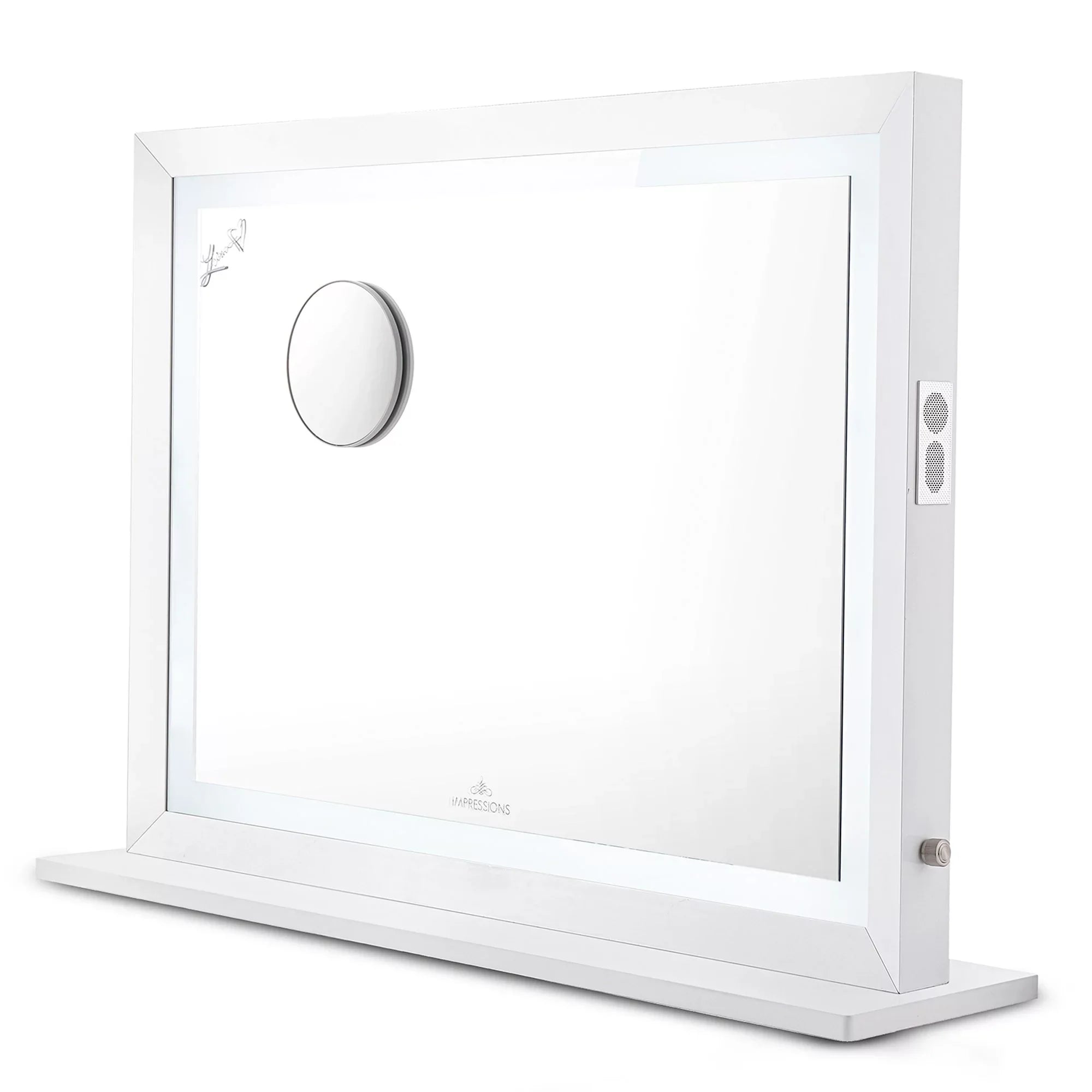 Impressions Vanity Makeup Mirror Liane V. Pro with Speakers and Dimmer Switch, Lighted Desk Mirror with Outer Metal Frame and 3X Magnified Mirror for Tabletop or Wall Mount (White)