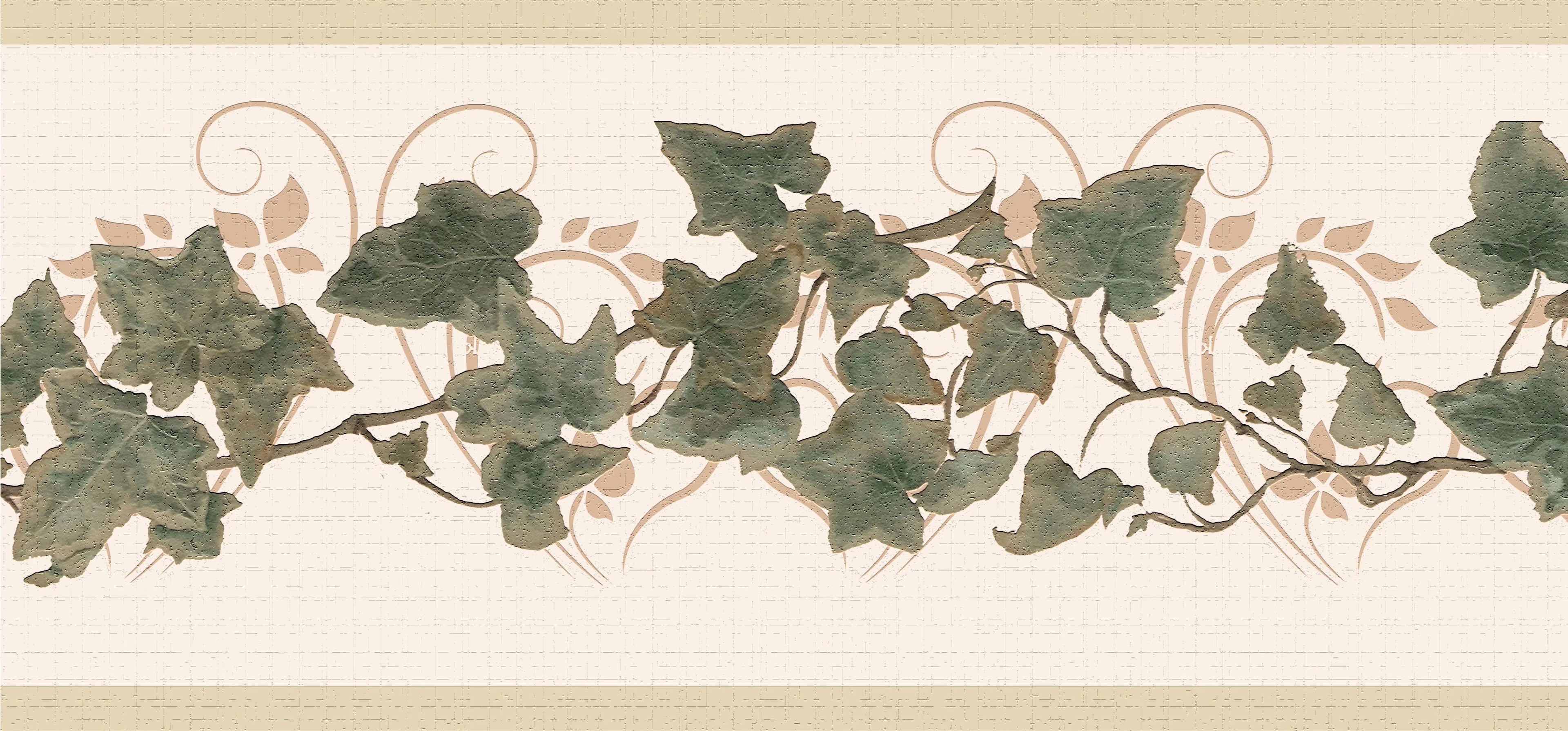 Dundee Deco's Peel and Stick Wallpaper Border - Abstract Green Beige Leaves on a Vine Wall Border Retro Design, 15 ft x 7 in, Self Adhesive