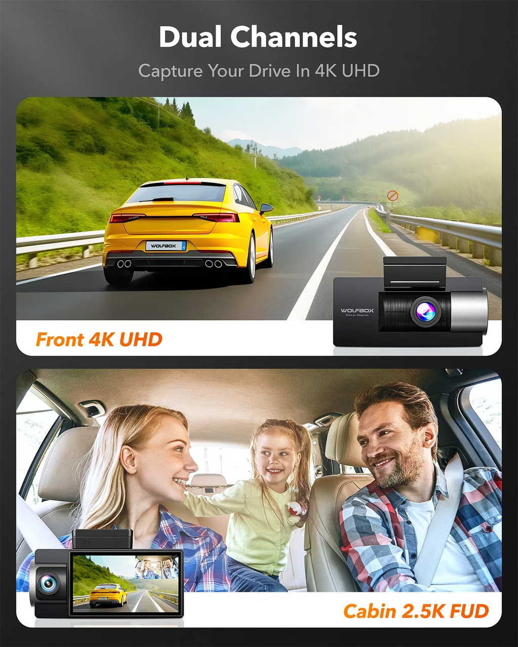 WOLFBOX Dash Cam Front and Rear, 4K+2.5K Dual Dash Camera Built-in 5G WiFi GPS, Dash Cam with Super IR Night Vision, 4K UHD 3" LCD Car Camera with 64GB Card, Vehicle