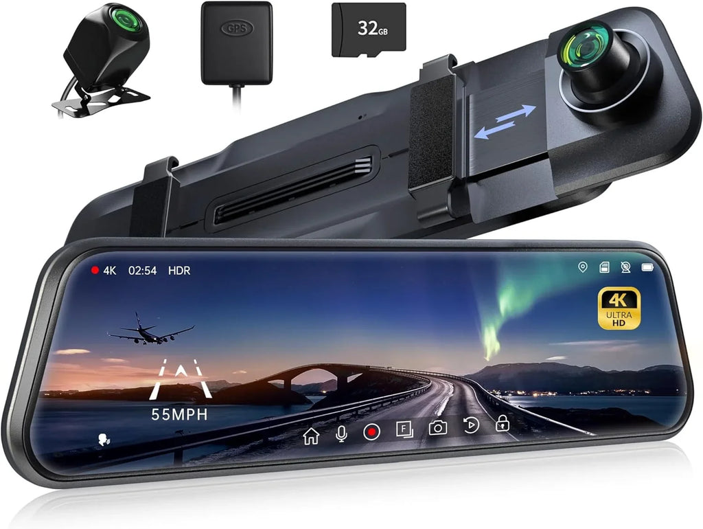 Pelsee P10 Pro 10" 4K Mirror Dash Cam, Rear View Mirror Camera Smart Driving Assistant w/ADAS and BSD, Night Vision Dash Cameras Front and Rear, Voice Control,Parking Monitoring,Free 32GB Memory Card