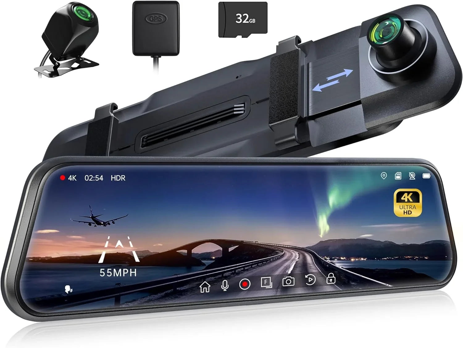 Pelsee P10 Pro 10" 4K Mirror Dash Cam, Rear View Mirror Camera Smart Driving Assistant w/ADAS and BSD, Night Vision Dash Cameras Front and Rear, Voice Control,Parking Monitoring,Free 32GB Memory Card