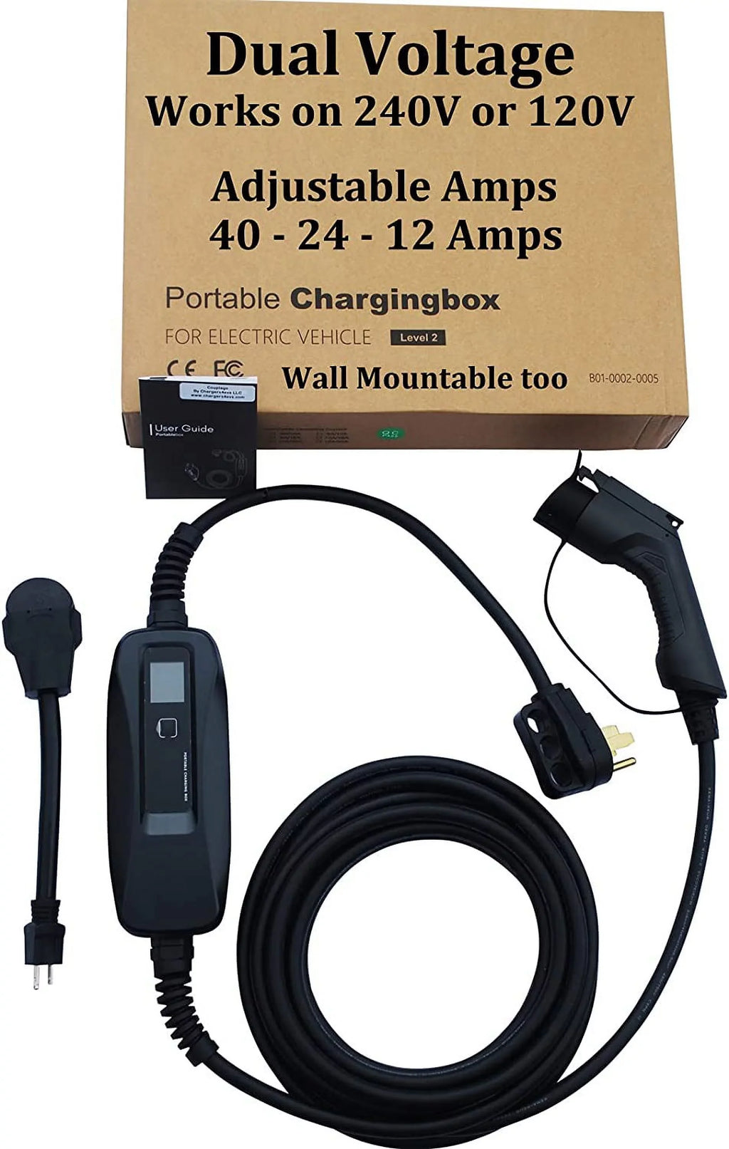 Couplago ,40 AMP (9.6 KW)- Dual Voltage -240V/120V, EV Charging Station - Level 2- EVSE- Charger for Electric Vehicles, You Set The AMPS- 40 AMP, 24 AMP or 12 AMP - 14-50R to 5-15P /120V Adapter