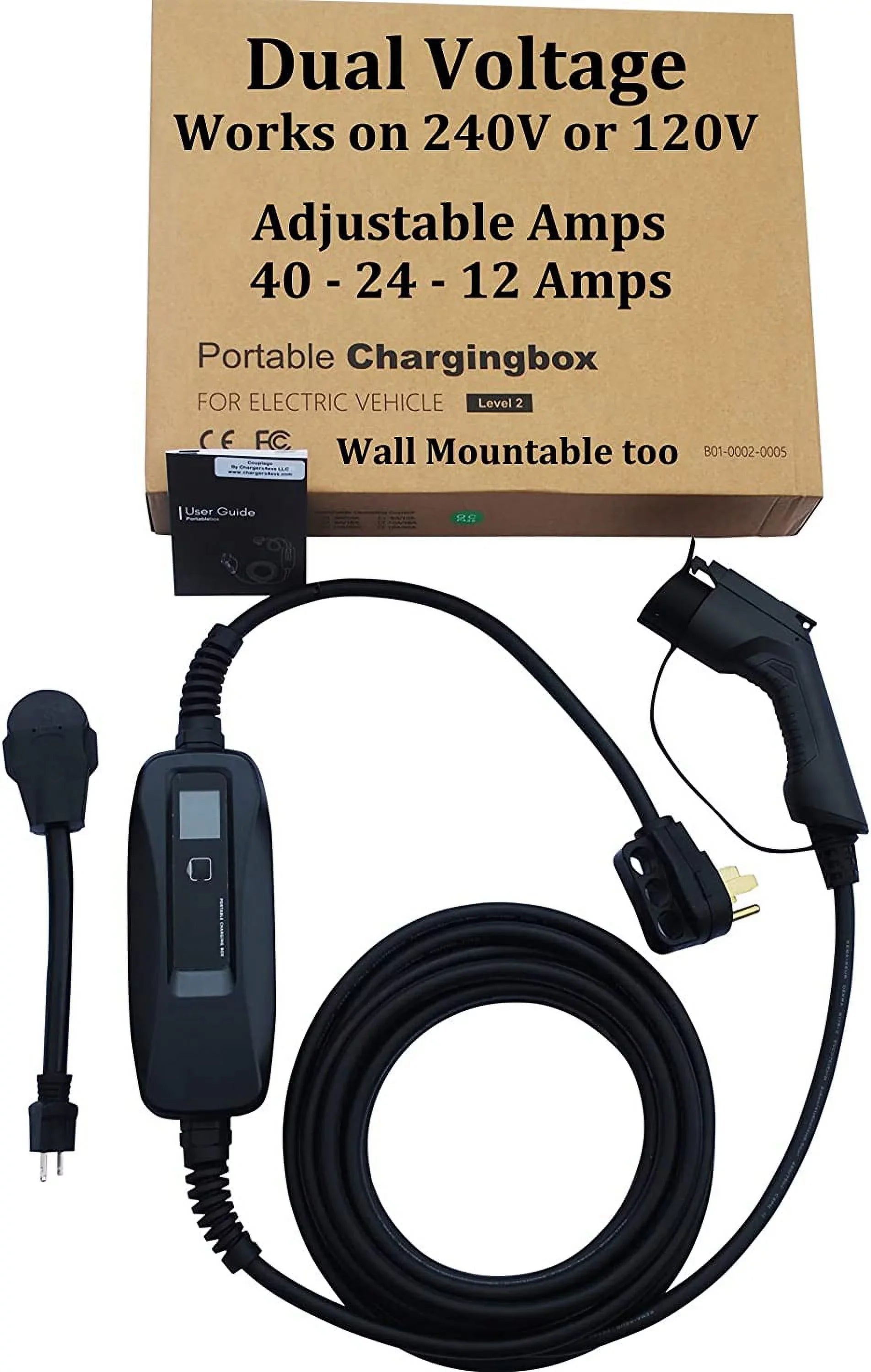 Couplago ,40 AMP (9.6 KW)- Dual Voltage -240V/120V, EV Charging Station - Level 2- EVSE- Charger for Electric Vehicles, You Set The AMPS- 40 AMP, 24 AMP or 12 AMP - 14-50R to 5-15P /120V Adapter