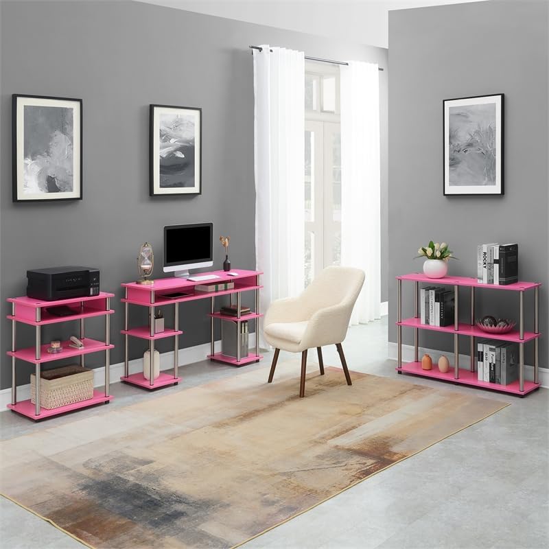 No-Tools Console Table with Shelves in Pink Wood Finish