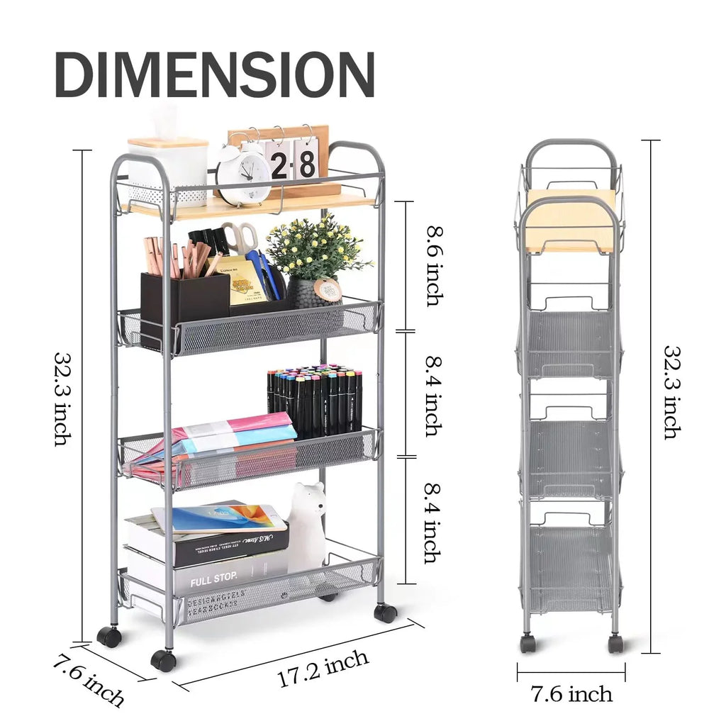 KK KINGRACK 4-Tier Rolling Cart, Mesh Storage Utility Carts with Wooden Tabletop for Kitchen Bathroom, Gray