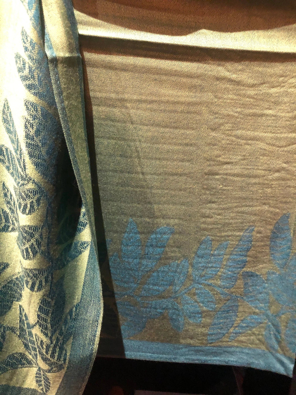 Vintage Teal blue and Green Vine Brocade Reversable Pashmina Scarf Wrap shawl