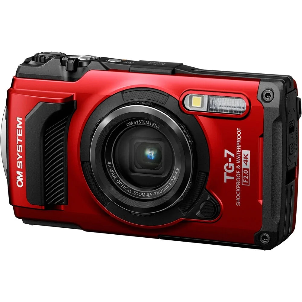 Olympus OM SYSTEM Tough TG-7 Digital Camera (Red) + Extra Battery + Flash - 32GB Kit