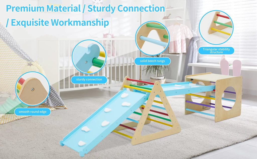Set of 5 wooden triangle climbing toys indoor for toddler, 1 square and 2 triangle Climber with 2 Ramp for climbing sliding and walking, 5 in 1 toddler play equipment for indoor playground play gym