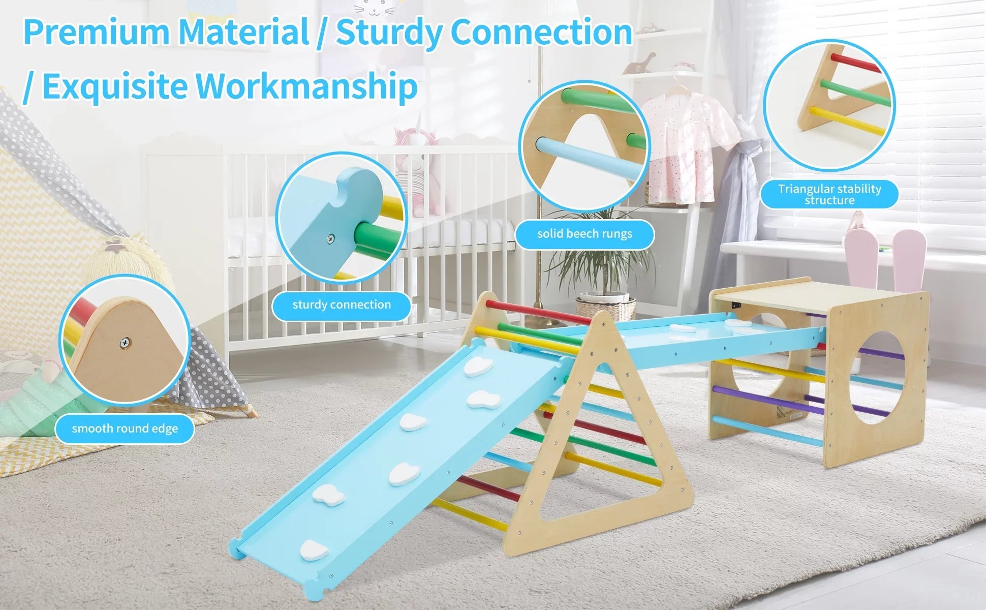Set of 5 wooden triangle climbing toys indoor for toddler, 1 square and 2 triangle Climber with 2 Ramp for climbing sliding and walking, 5 in 1 toddler play equipment for indoor playground play gym