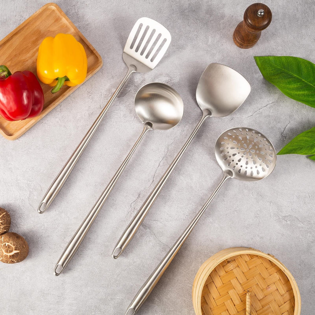 Stiwee 2024 Newest Sale Cooking Equipment Cooker 17Inch Wok Spatula And Ladle Skimmer Spoon Slotted Spatula 304 Stainless Steel Kitchen Utensils Set 4Pieces All Metal Extra Long Handle Cooking Tools