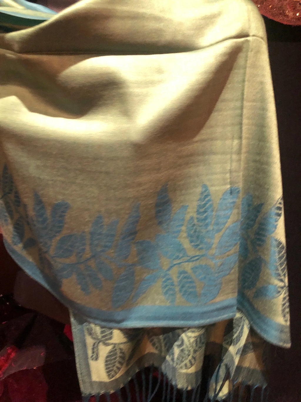 Vintage Teal blue and Green Vine Brocade Reversable Pashmina Scarf Wrap shawl