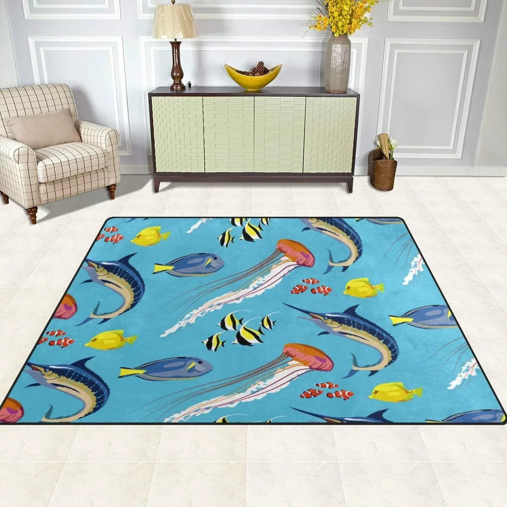 Bestwell Mass Soft Area Rugs Sea Fish Jellyfish Marlin Floor Mat for Kids Playing Room Hardwood Floor Living Room 80 x 58 inch（6'8" x 4'10"） Nursery Rugs Home Decor Gift