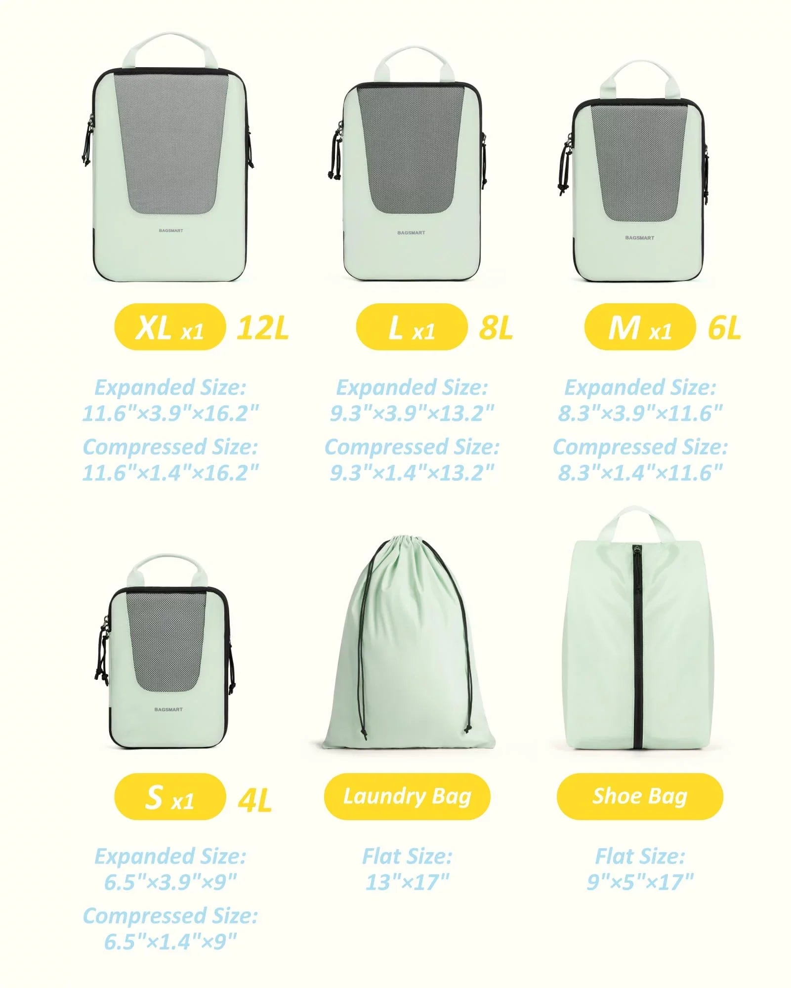 BAGSMART Packing Cubes for Travel, Compression Expandable 6 Pcs Luggage Packing Organizers Foldable Mass Suitcase Storage Bags for Travel Accessories, Green