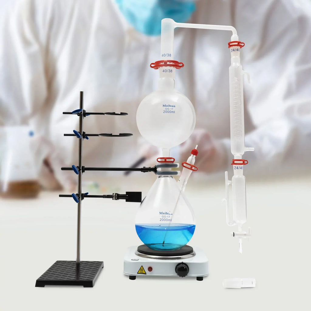 Miumaeov 2000ML Essential Oil Distillation Apparatus with Condenser + Hot Stove + Essential Oil Separator Lab Glass Distillation Kit Steam Water Distiller Purifier
