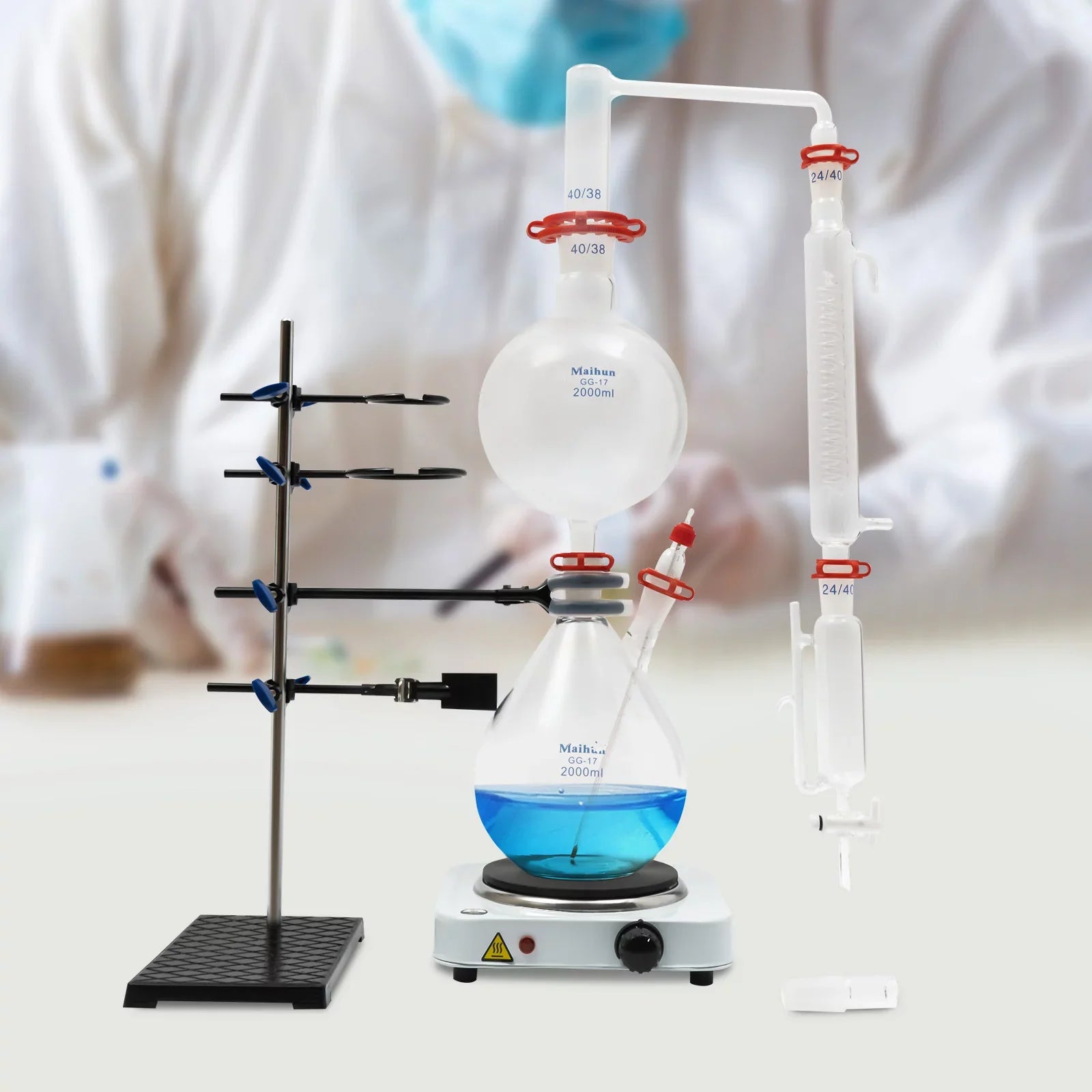 Miumaeov 2000ML Essential Oil Distillation Apparatus with Condenser + Hot Stove + Essential Oil Separator Lab Glass Distillation Kit Steam Water Distiller Purifier