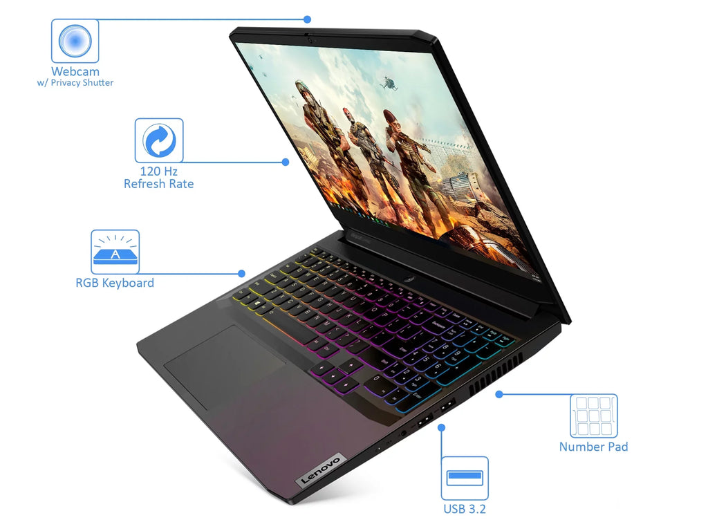 IdeaPad 3 Gaming Laptop, 15.6" 120Hz FHD Display, AMD Ryzen 5 5600H Upto 4.2GHz, 8GB RAM, 512GB NVMe SSD, GeForce RTX 3050, HDMI, Wi-Fi, Bluetooth, Windows 10 Home (82K20013US)