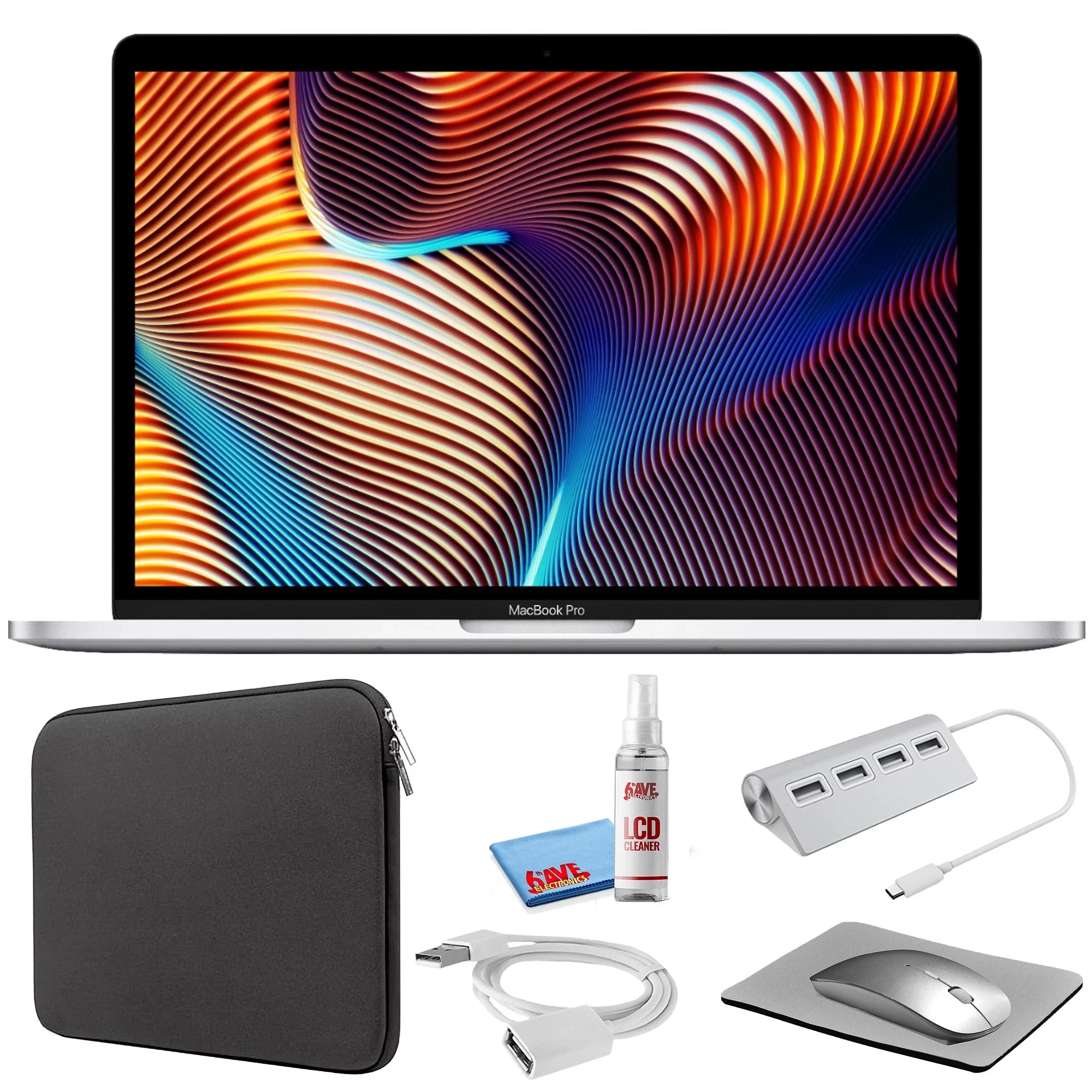 MacBook Pro 13-inch (i5 2.3GHz, 256GB SSD) (Mid 2018, MR9U2LL/A) - Silver Bundle with Ebony Zipper Sleeve + Laptop Starter Kit + Cleaning Kit (Refurbished)