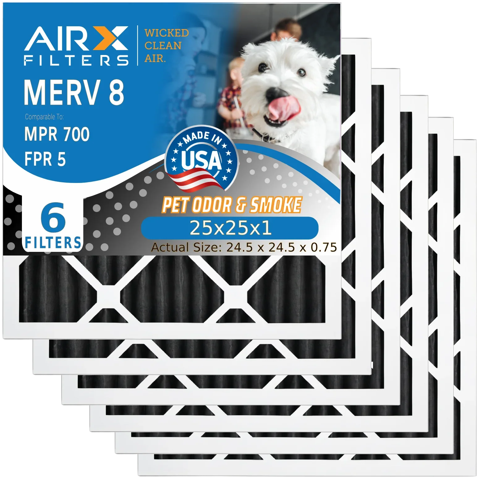 25x25x1 Air Filter Odor Eliminator Carbon Filter MERV 8 Comparable to MPR 700 & FPR 5 AC HVAC Premium USA Made 25x25x1 Furnace Filters by AIRX FILTERS WICKED CLEAN AIR. 6 Pack