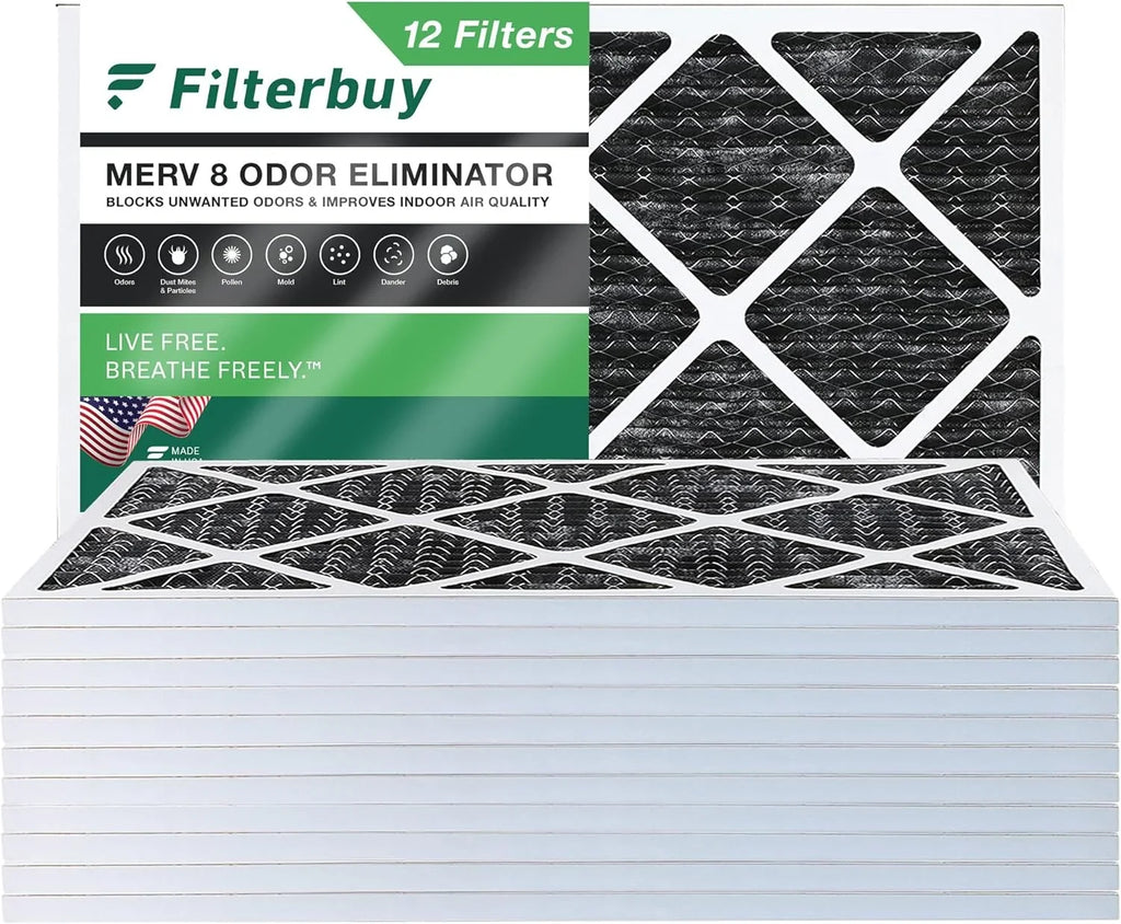 Filterbuy 14x25x1 MERV 8 Odor Eliminator Pleated HVAC AC Furnace Air Filters with Activated Carbon (12-Pack)