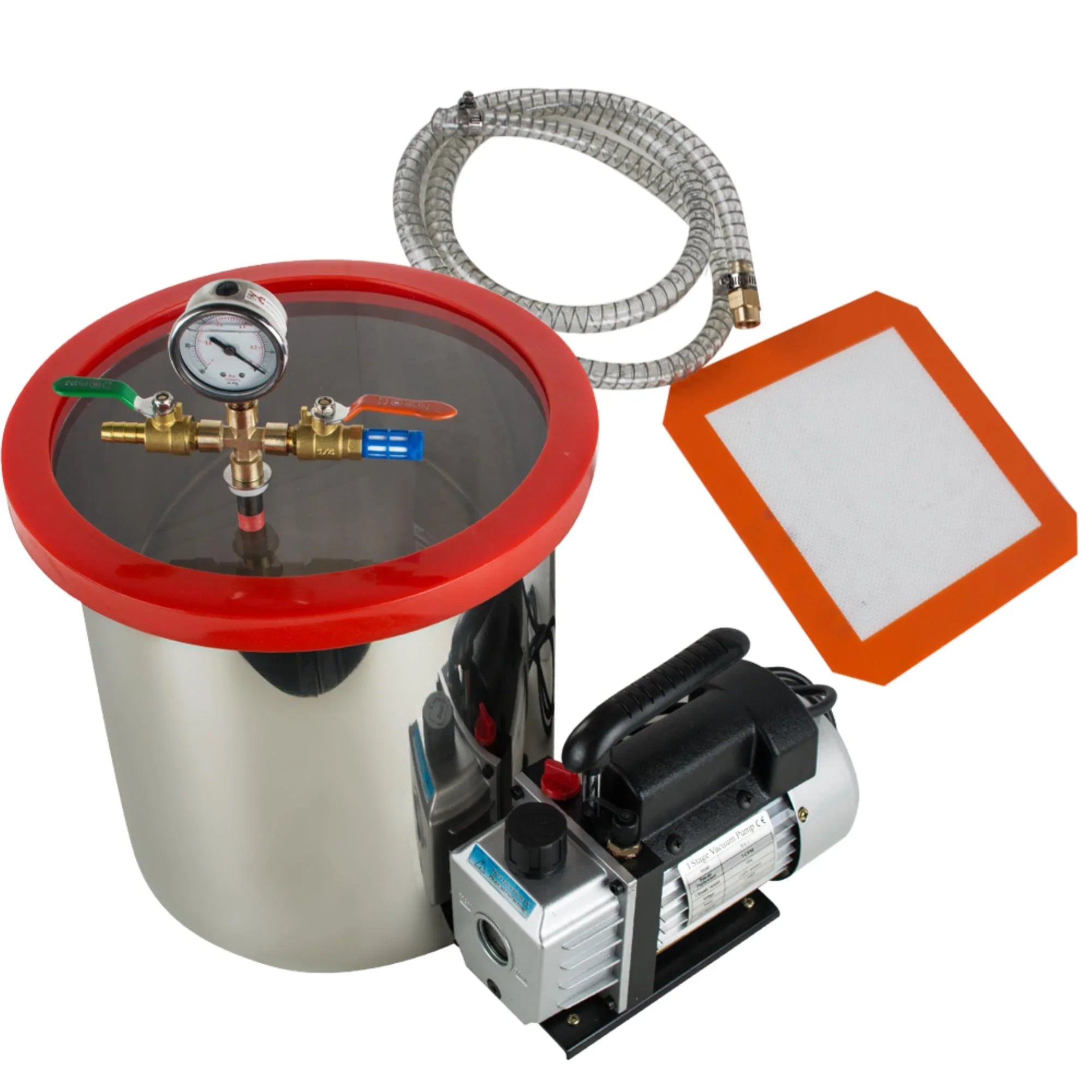 Efficiently Eliminate Air Bubbles with Our Stainless Steel Silicone Machine and Powerful 3CFM Vacuum Pump - The Ultimate Vacuum Degassing Chamber Kit [5 Gallon]
