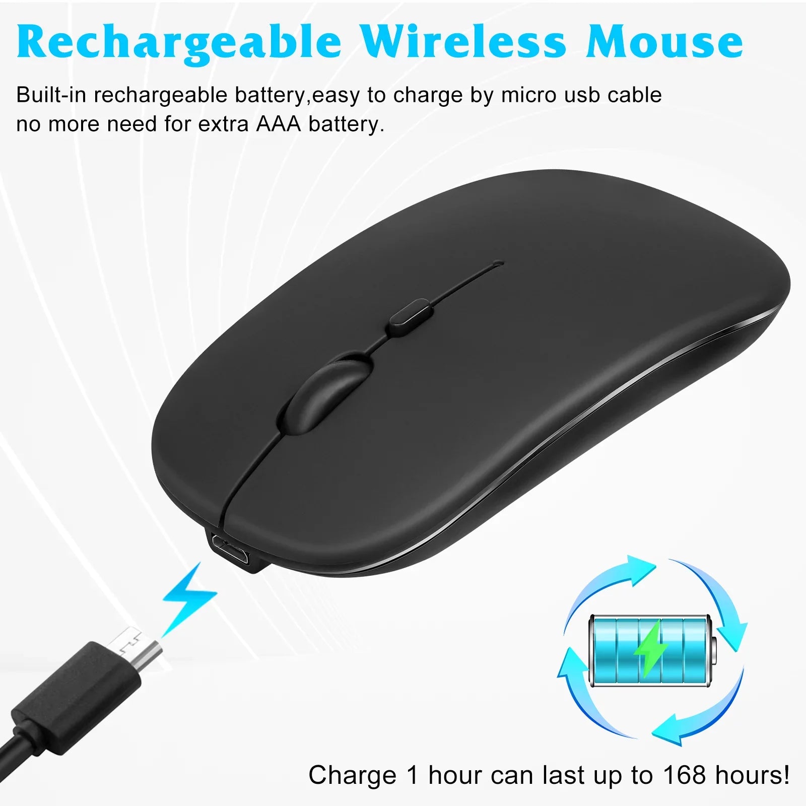 Rechargeable Bluetooth Keyboard and Mouse Combo Ultra Slim Full-Size Keyboard and Ergonomic Mouse for Xiaomi Mi Mix 2S and All Bluetooth Enabled Mac/Tablet/iPad/PC/Laptop - Onyx Ebony