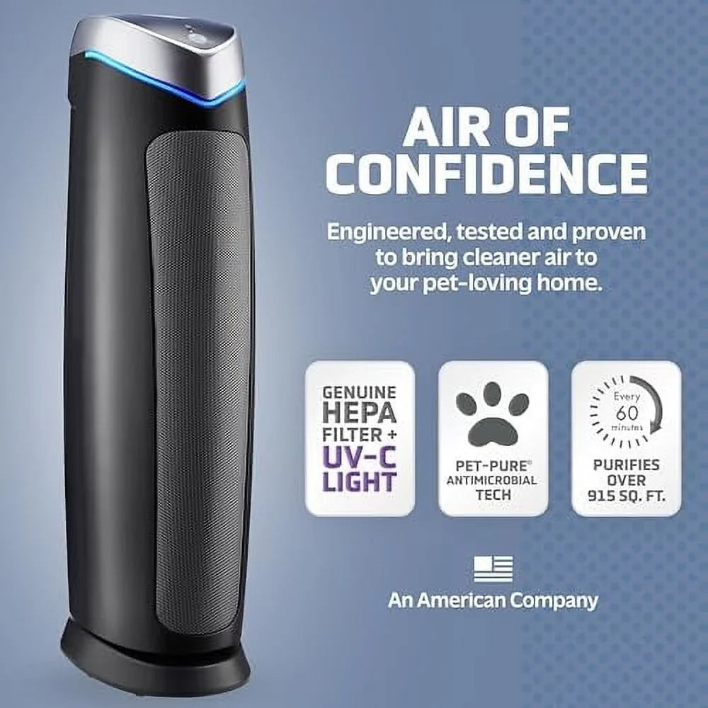 GermGuardian Air Purifier with Genuine HEPA 13 Pet Pure Filter, Removes 99.97% of Pollutants, Covers Large Rooms up to 915 Sq. ft. in 1 Hour, UV-C Light Helps Reduce Germs, 28", Jet AC5250PT
