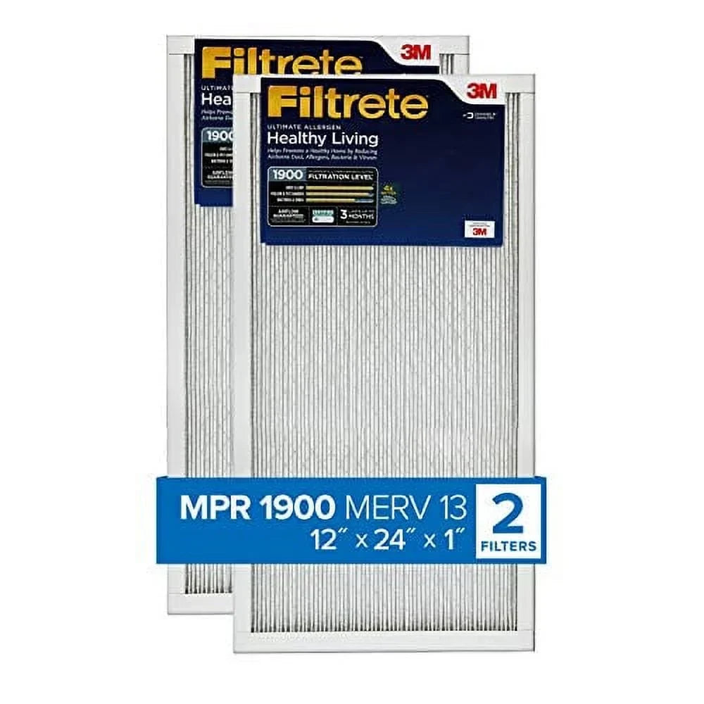 Filtrete 12x24x1 Air Filter, MPR 1900, MERV 13, Healthy Living Ultimate Allergen 3-Month Pleated 1-Inch Air Filters, 2 Filters