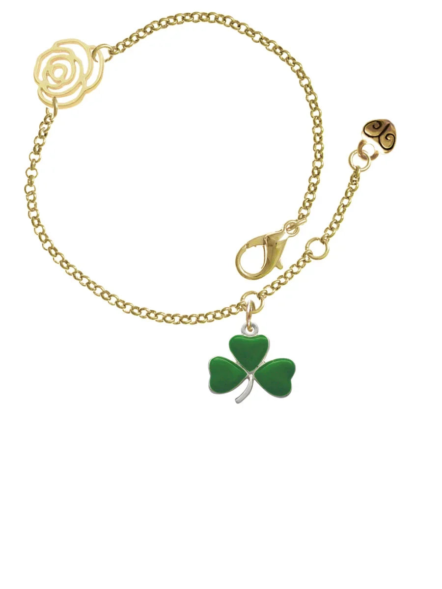 Delight Jewelry Silvertone Green Three Leaf Clover - Shamrock Gold-tone Rose Link Chain Bracelet, 6.25"+1.75" Extender